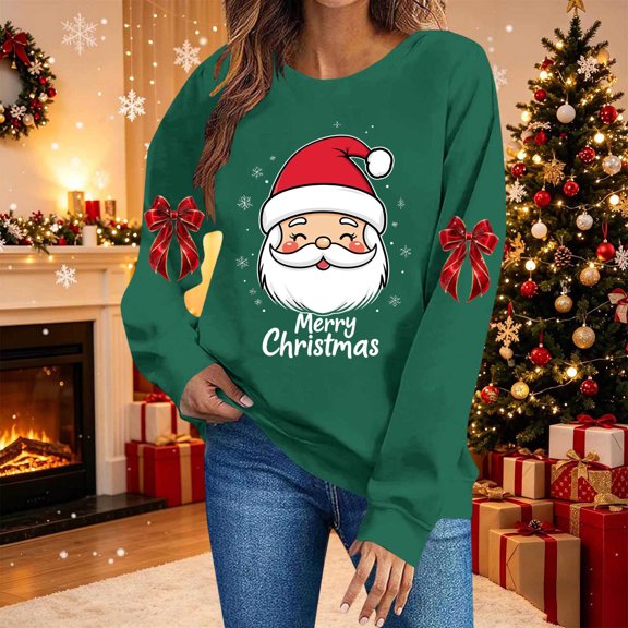 Christmas Sweatshirts for Womens Long Sleeve Crew Neck Christmas Print Sweatshirt Holiday Long Sleeve Pullover Tops