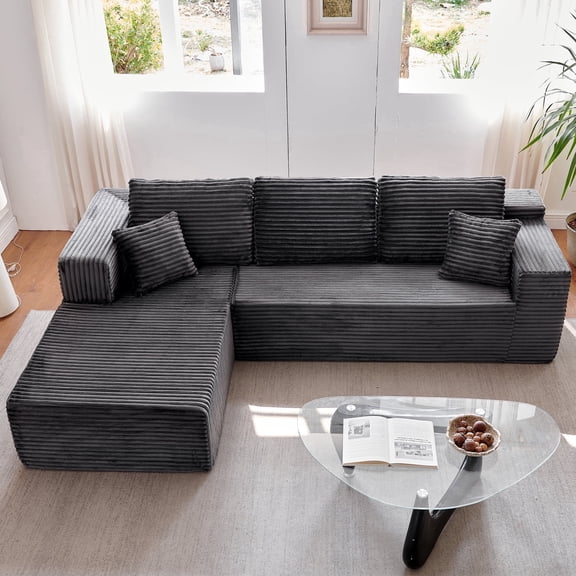 Zoopower 106" Cloud Sectional Couch, L-Shape Convertible Modular Sectional Sofa, Corduroy Boneless Couch for Living Room, Black