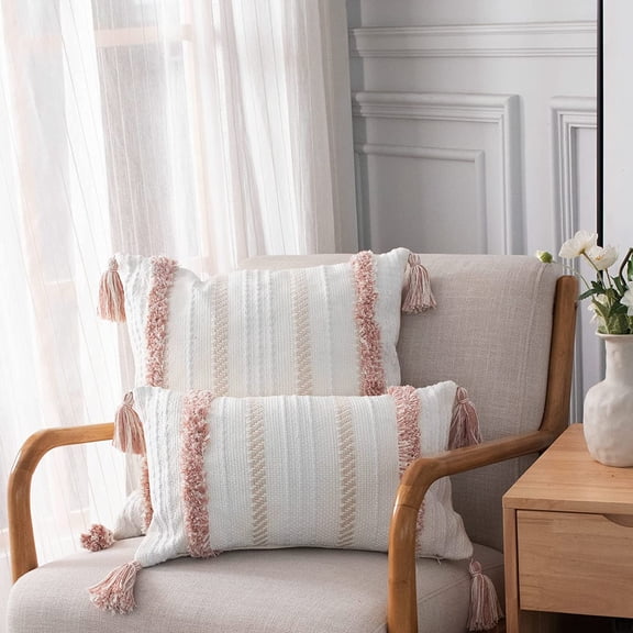 Boho Throw Pillow Covers Tufted Decorative Pillows Cover for Couch Bed Small Lumbar 12 x 20 inch Pillow Cover, Modern Neutral Throw Pillow Case, Pink Pink 20" x 12" (Pack of 1)