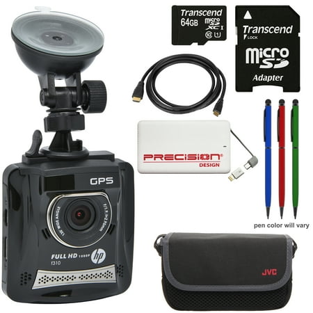 HP f310 1080p HD GPS G-Force Car Dashboard Video Recorder Camera with 64GB Card + Case + Power Pack + HDMI Cable + (3) Stylus Pens Kit