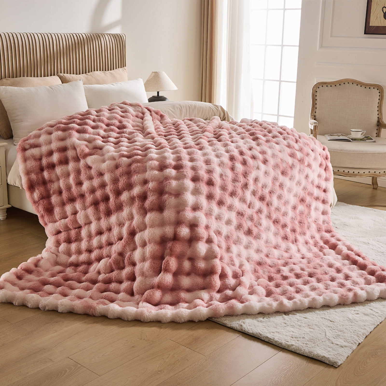 GEMBED Faux Fur Throw Blanket for Couch Fuzzy Soft Plush Thick Bubble Blanket for Living Room, 60x80 inches, Tie Dye Pink