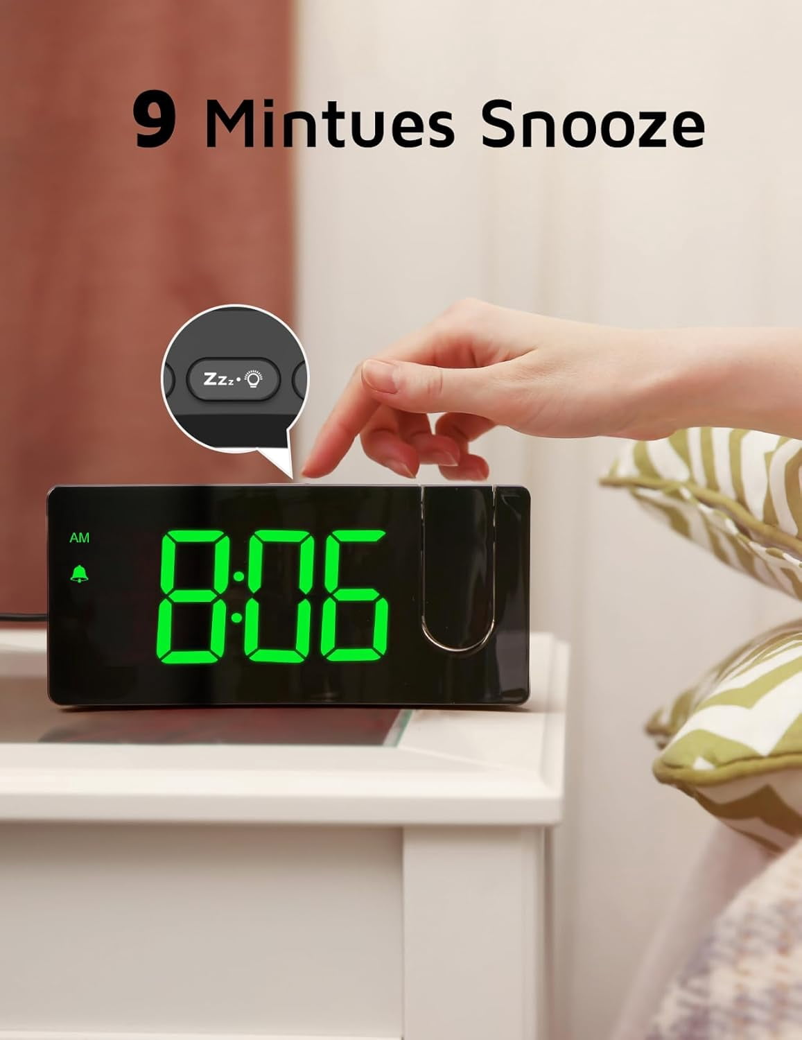 Chumajor Projection Alarm Clock, Digital Clock with 180° Rotatable Projector, 3-Level Brightness Dimmer, Clear LED Display, USB Charger, Progressive Volume, 9mins Snooze,12/24H, Green