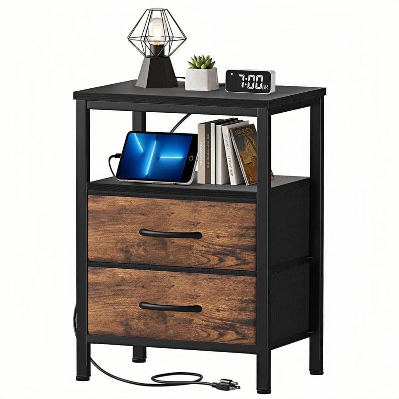 Kelno Nightstand with 2 Fabric Drawers Charging Station USB TypeC Outlets Small Bedside Table with Wood Top Open Storage Shelf, Black Brown
