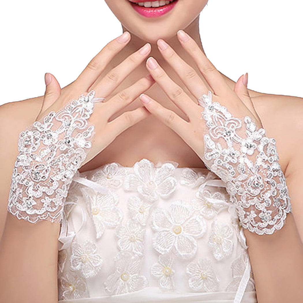 Lace Elegant White Red Ivory Lace Applique Short Rhinestone Bridal Wedding Glove 