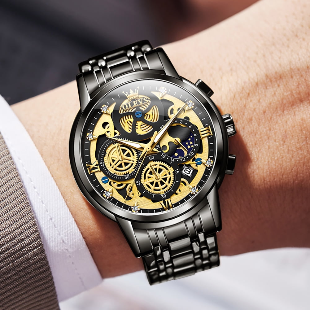 OLEVS Watches for Men Waterproof Luxury Dress Analog Quartz Chronograph Fashion Gold Plated Stainless Steel Moon Phase Luminous Date Classic Mens Wrist Watches Reloj Para Hombre