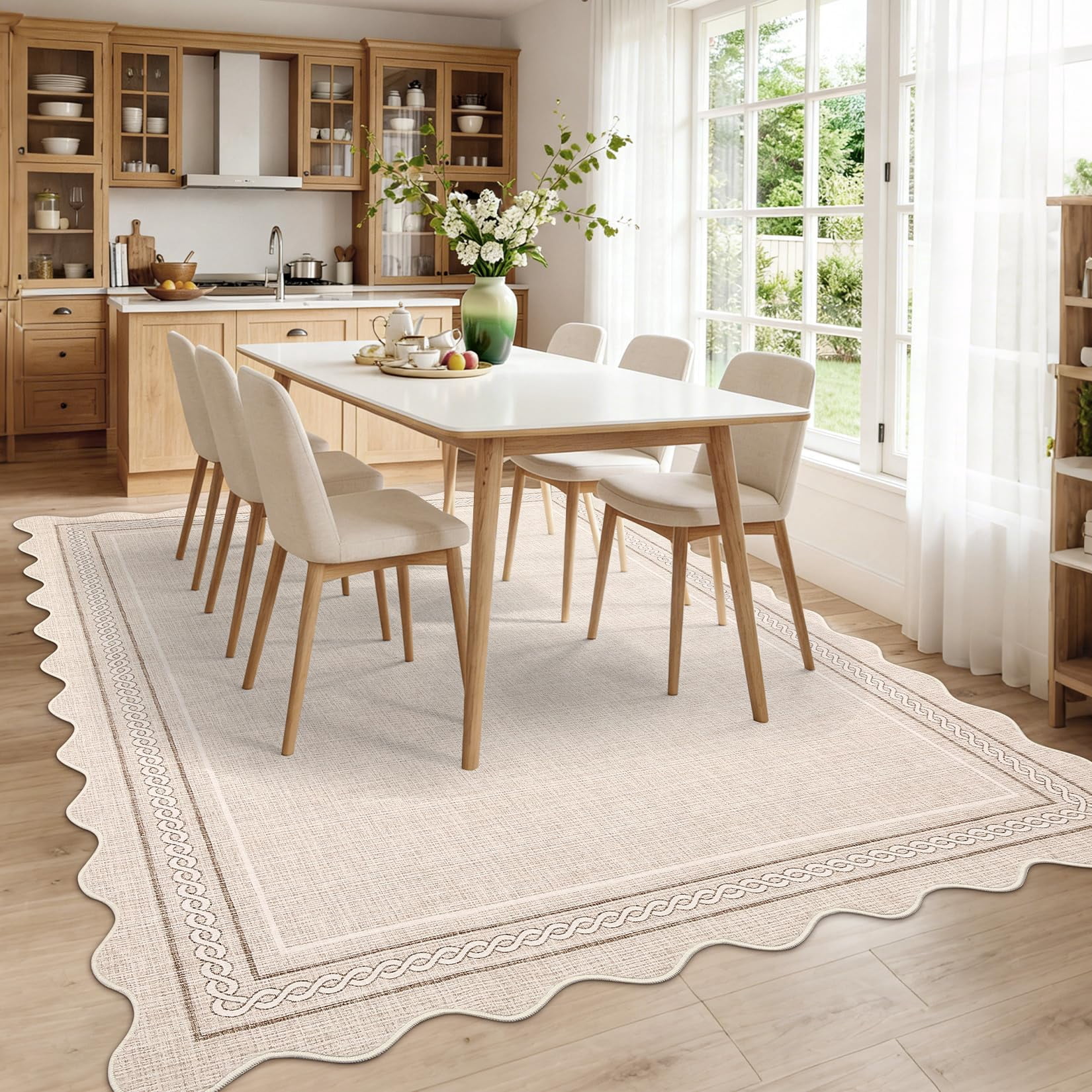 10*14FT Scalloped Large Washable 10x14 Area Rug for Living Room Beige Neutral Non Slip Soft Bedroom Rugs Large Low Pile Foldable tain Resistant Carpet for Nursery Dining Room Classroom, Beige Beige