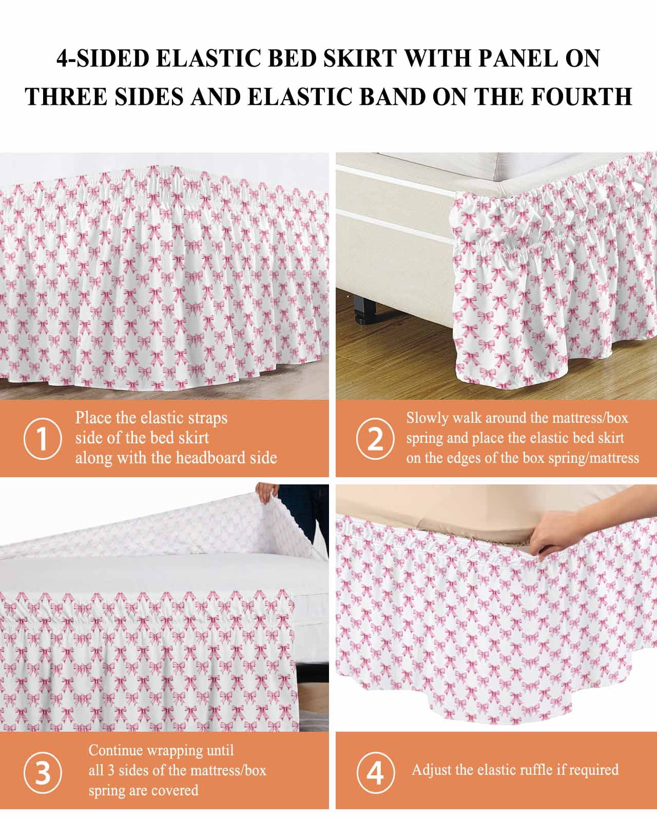 Cute Pink Bow Wrap Around Bed Skirts for Queen Bed 18" Drop, Bed Skirt with Adjustable Elastic Belt Dust Ruffle Bed Valance for Bedroom Hotel Luxury White Sweet Modern Watercolor Bed Frame Cover