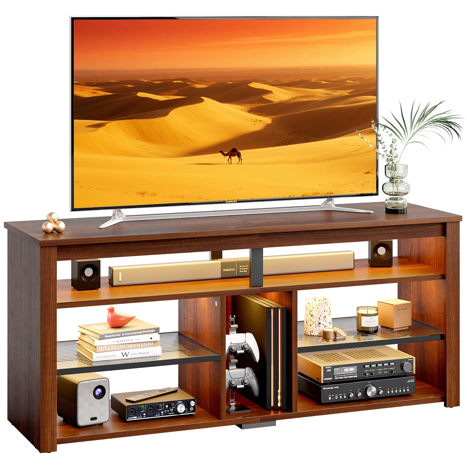 Bestier Tall TV Stand for 65" TVs,Entertainment Center with PS5 Storage,LED TV Stands for Living Room,TV console with Adjustable Storage Shelf,Walnut TV Stand