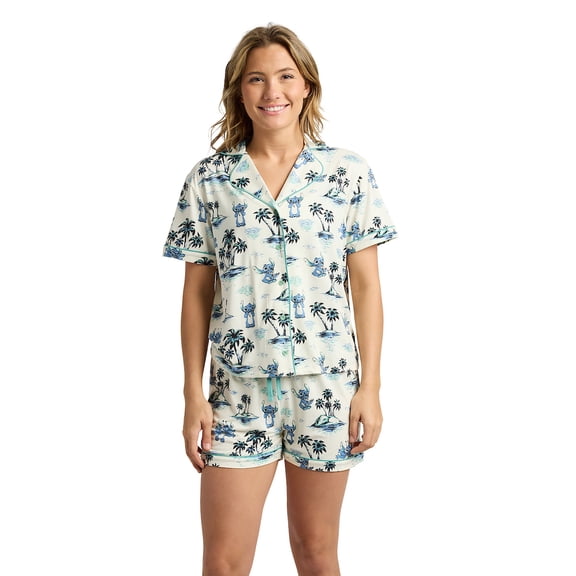 Disney's Lilo & Stitch Classic Hawaii Women's Notch Collar Button-Down Shirt and Shorts Sleepwear Set -Medium