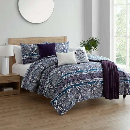 VCNY Home Evergreen Bohemian 7-Piece Purple Damask Comforter Set, Full/Queen, Reversible