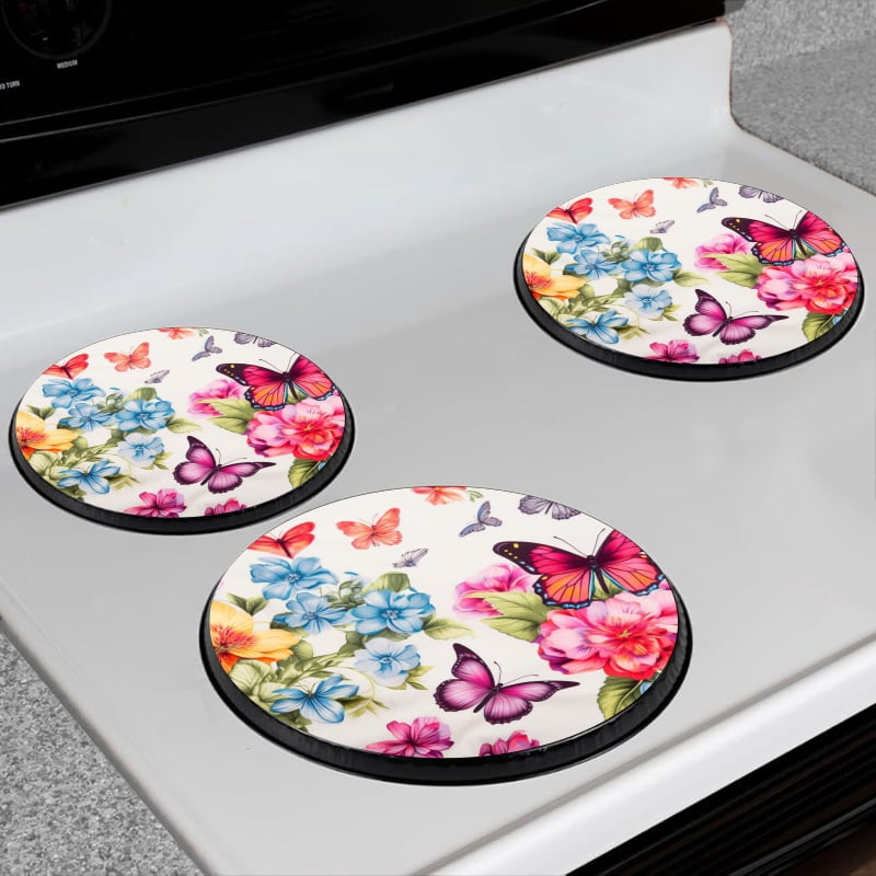 BaHomeck Electric Stove Burner Covers Set of 4,Round Metal Gas Stove Burner Covers 8 Inch and 10 Inch,Kitchen Decor,Vibrant Floral Print With Colorful Butterflies And Flowers