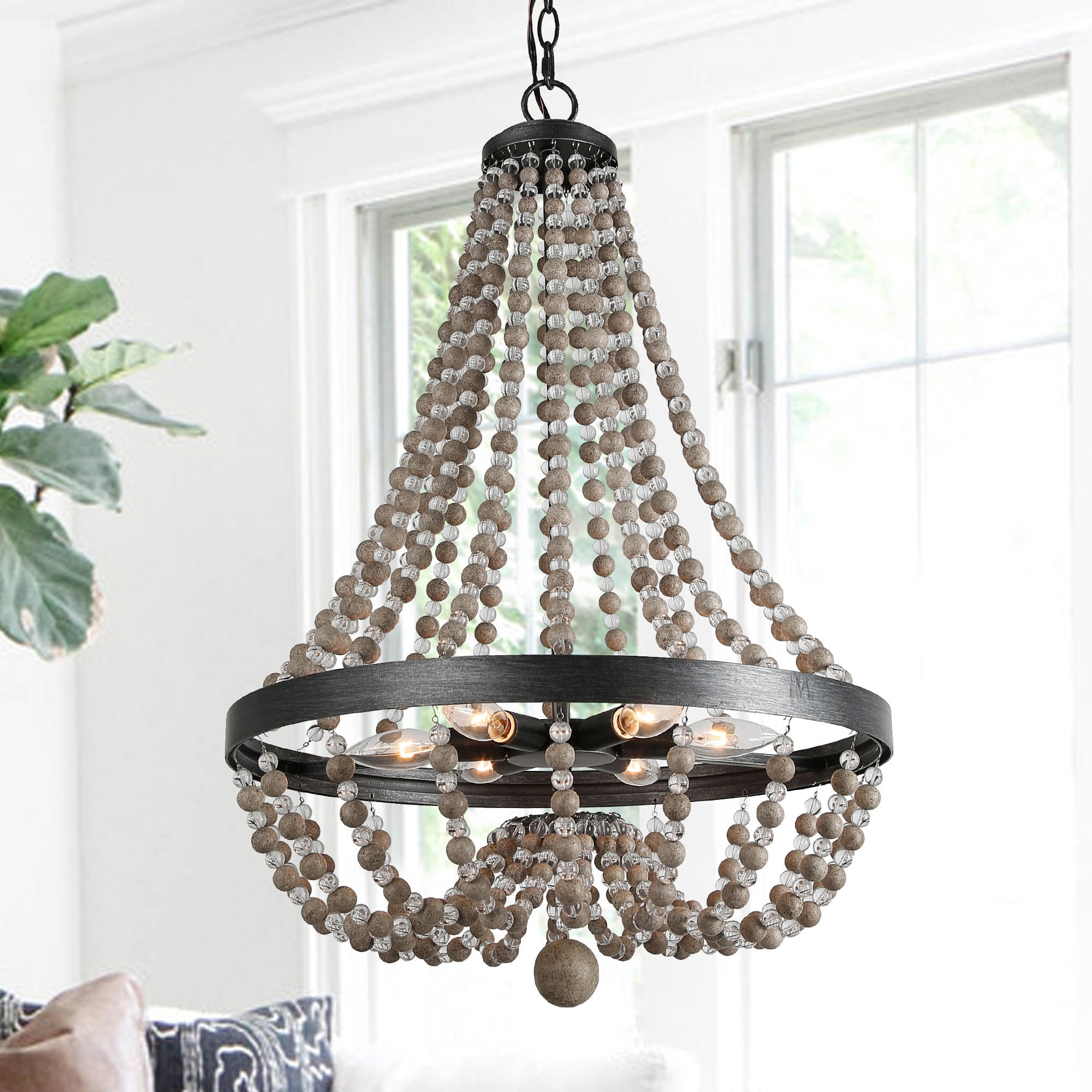 LNC Wood Beaded Chandelier 6 Lights 