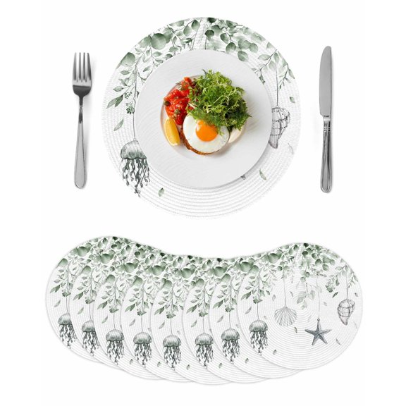 Sage Green Coastal Round 15 Inch Placemats Set of 8,Summer Eucalyptus Leaves Beach Ocean Starfish Conch HeatResistant Non Slip Place Mats for Dining Table,Wipeable Kitchen Table Mats for Housewarming