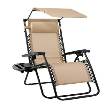 Outdoor Folding Zero Gravity Recliner, Patio Lounge Chair w/Adjustable Canopy Shade, Headrest, Side Accessory Tray, Textilene Mesh - Beige