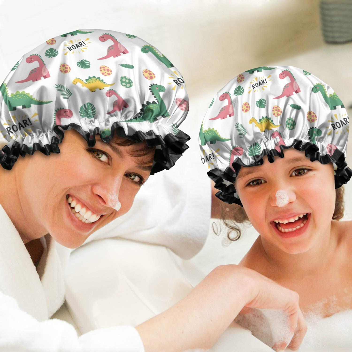 Shower Caps,White Cartoon Dinosaurs Roar Pattern Waterproof Shower Cap for Women 4 Pieces,Double Reusable Hair Cover for Shower PEVA Elastic Stretch Hem