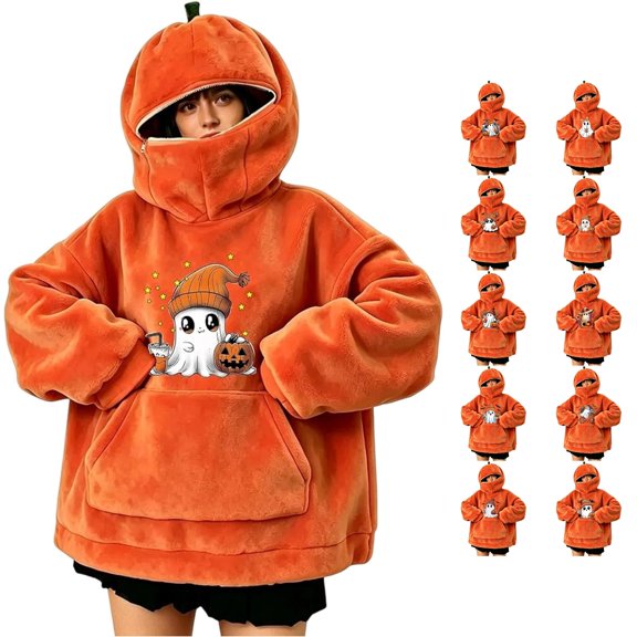 FYDUU Halloween Hoodies for Women Cute Ghost Graphic Pumpkin Hoodie Soft Comfy Fuzzy Hooded Sweatshirt Pullover Festive Outfit