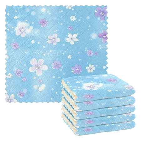

6 Pack Kitchen Dish Towels 11 Inch x 11 Inch Reusable Cleaning Cloths for Washing Dishes Dish Cloths for Drying Dishes Light Blue Background Flowers