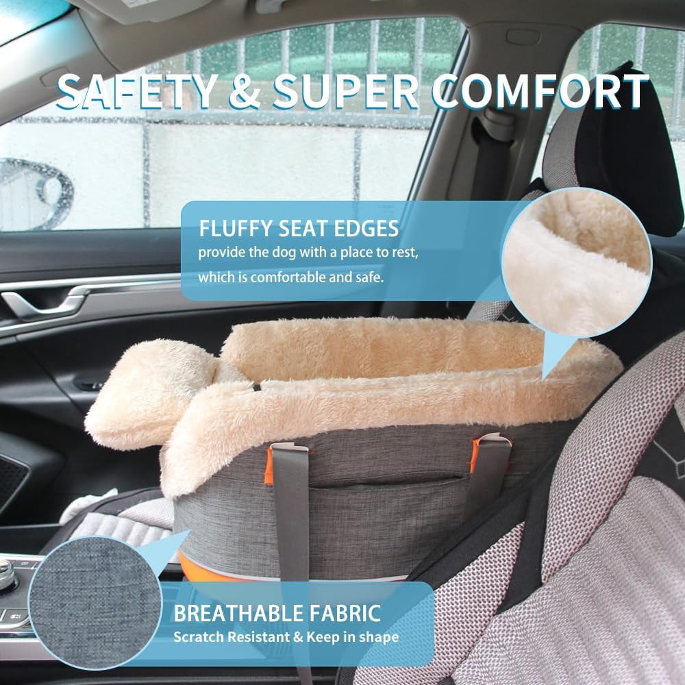 Center Console Dog Car Seat for Small Dogs & Cats, Elevated Plush Pet Car Seat with Safety Leash, Washable Carrier, Fits Front Vehicle Console (Up to 10 lbs, Cream White)