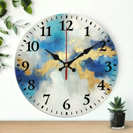 PRATYUS Abstract Brush Strokes Wooden Wall Clock Decor for Living Rooms, Kitchens - 10 Inches, Silent, Battery Operated 10x10in
