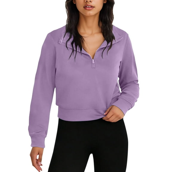 ZQUUVOU Women's Quarter Zip Up Sweatshirts Fall Cropped Loose Collar Fashion Solid Color Long Sleeve Pullover Tops Purple