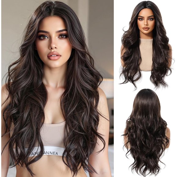 Yanonmyfd 24 Inches Long Wavy Purple Wig for Women Natural Synthetic Hair Heat Resistant Ombre Wigs with Dark Roots for Daily Party Cosplay Wear