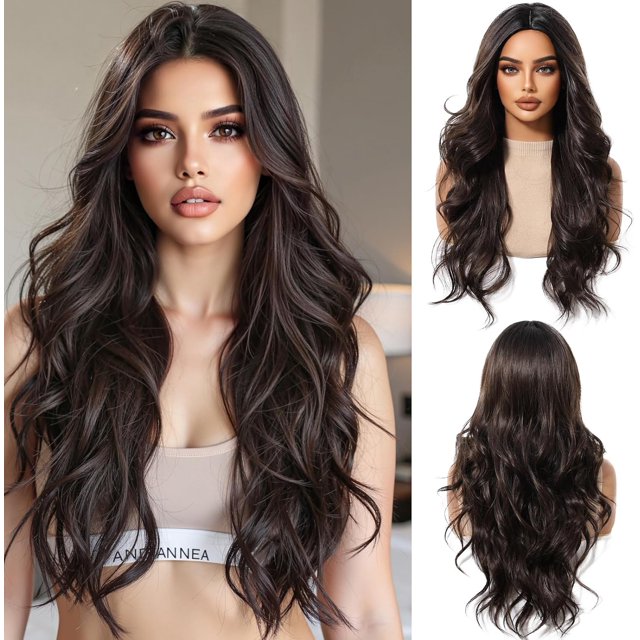 Yanonmyfd 24 Inches Long Wavy Purple Wig for Women Natural Synthetic Hair Heat Resistant Ombre Wigs with Dark Roots for Daily Party Cosplay Wear