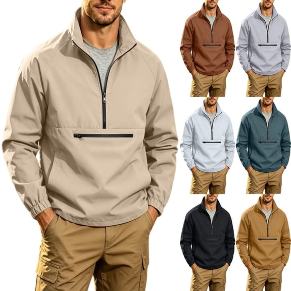 Men's Lightweight Quarter Zip Stand Up Collar Pullover Windbreaker for Golf, Hiking, and Running Wind Breaker Jackets with Zipper Pocket Size 3XL Khaki