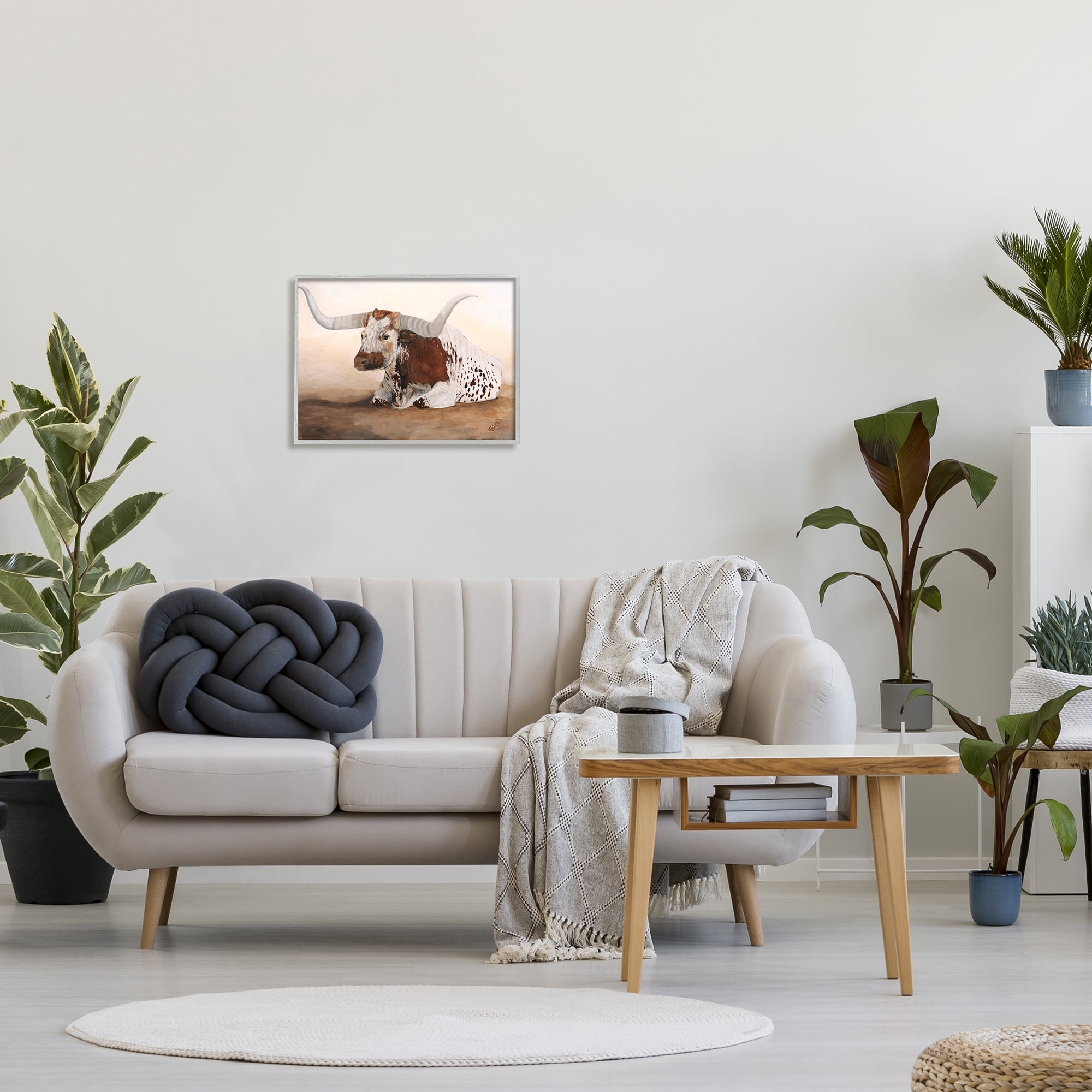 Stupell Longhorn Cattle Resting Painting Animals & Insects Painting Gray Framed Art Print Wall Art