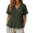 thumbnail image 4 of Craaazy Women's Plus Size Versatile Solid Color Cotton Linen V-Neck Short Sleeve T-shirts with Ruffle Trim for Daily Wear, 4 of 7