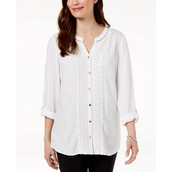 JM Collection Petite Embellished Crochet Front Shirt Bright White PM
