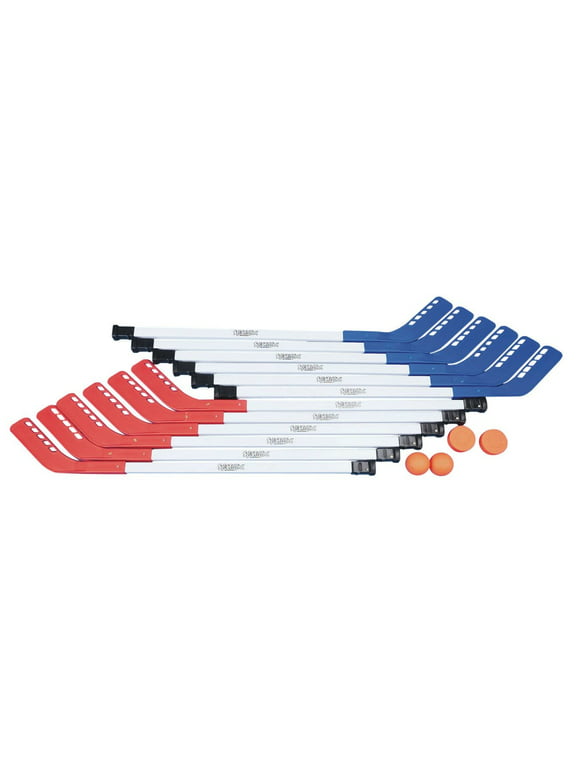 S&S Worldwide Spectrum Elementary Floor Hockey Set. Includes 12 - 36" Long Sticks with PVC Shafts and Straight Blades (6 Red and 6 Blue Blades), 2 Floor Hockey Balls and 2 Floor Hockey Pucks.