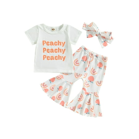 

Qtinghua Toddler Baby Girl Summer Clothes Peachy Short Sleeve T Shirt Top Flare Pants Headband Set Cute Outfits White 12-18 Months