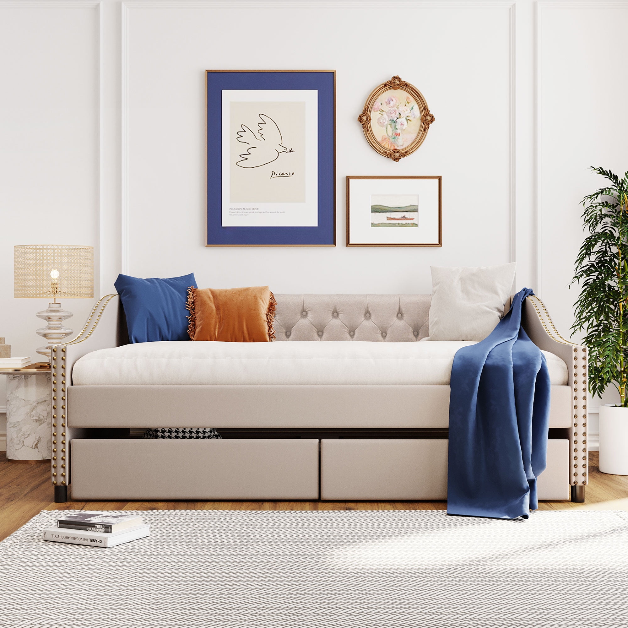 JINS&VICO Full Size Daybed with 2 Storage Drawers, Upholstered Platform