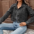 thumbnail image 4 of Hvot&aat Women's Studded Denim Jacket Long Sleeve Button-Up Turndown Collar Denim Outwear Distressed Frayed Cropped Jean Coat, 4 of 6
