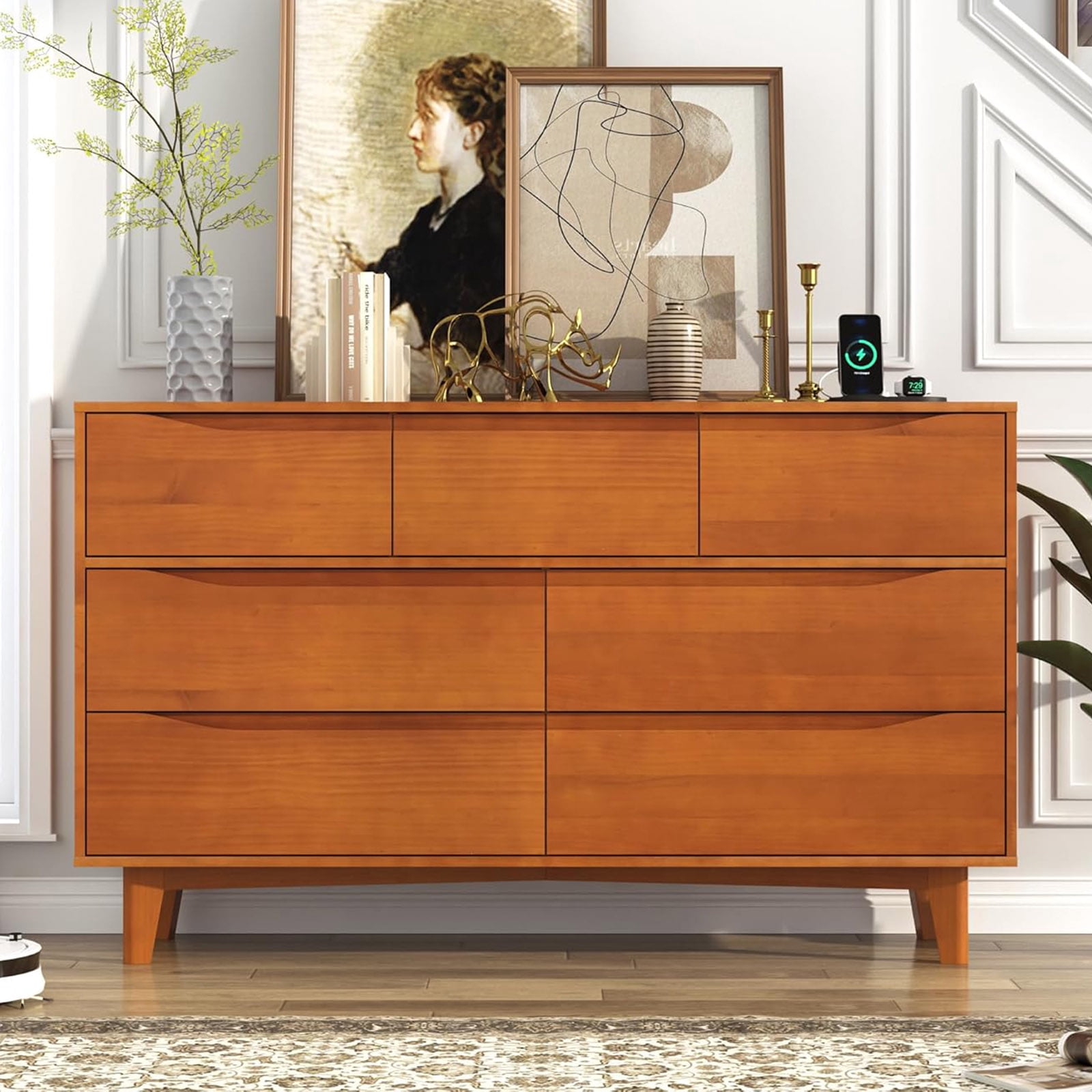 ChVans 7 Drawer Dresser with Power Outlets, Solid Wood Dresser for Bedroom, Mid-Century Modern Closet Dresser w/ Groove Handle for Living Room Hallway Entryway