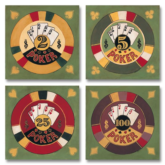 Vintage, Retro Poker Sign; Casino Chips and Cards; Four 12X12 Poster Prints