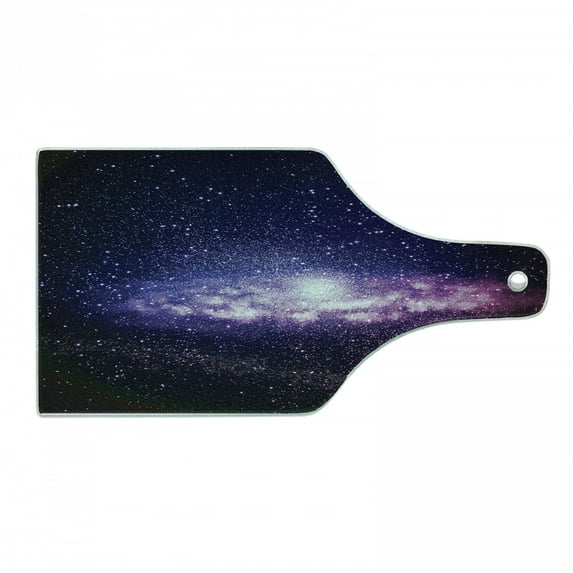 Galaxy Cutting Board, Nebula Cloud in Milky Way Infinity in Interstellar Solar System Design Print, Tempered Glass Cutting and Serving Board, Wine Bottle Shape, Purple Dark Blue, by Ambesonne