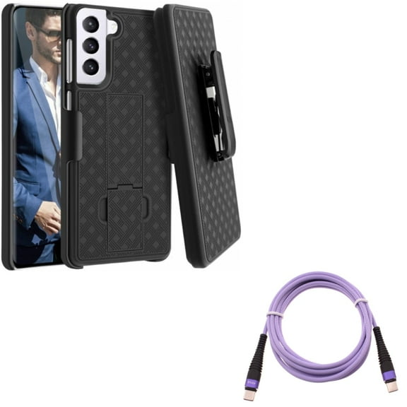 Purple 6ft PD Cable w Case Belt Clip for Samsung Galaxy S21 Plus - Type-C to USB-C Long Charger Cord Power, Holster Swivel Cover Combo