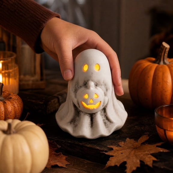 White Resin Ghost Holding Pumpkin Figurine, 3.9 in Battery-Operated LED Glowing Statue with Warm Light for Tabletop, Mantel, Tiered Tray Decor, Holiday Displays, and Gifts