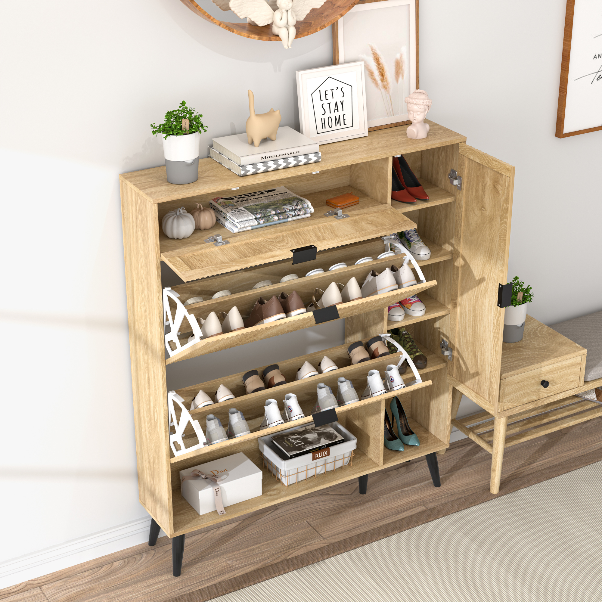 Furtivusia Shoe Storage Cabinet with 2 Flip Drawers, Freestanding Shoe Rack Shoe Cabinet for Entryway, Shoe Rack Organizer for Living Room, Wood Color