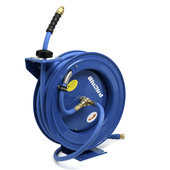 BLUBIRD BBRHD1250 18ga. Retractable Hose Reel with 1/2" X 50' Air Hose, 12 Point Ratcheting Gear, Next-Gen Rubber, Lightest, Strongest, Most Flexible, 300 PSI, -50F to 190F Degrees, Polyester Braided