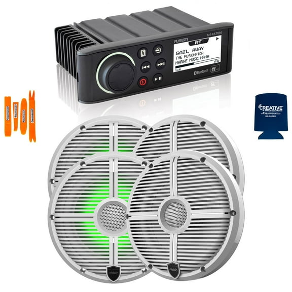 Fusion MS-RA70N Marine AM/FM/BT/NEMA2000 Stereo with 2 Pair RECON 6-XWW RGB High Output 6.5" RGB Lighting Marine Coaxial Speakers, White Grill