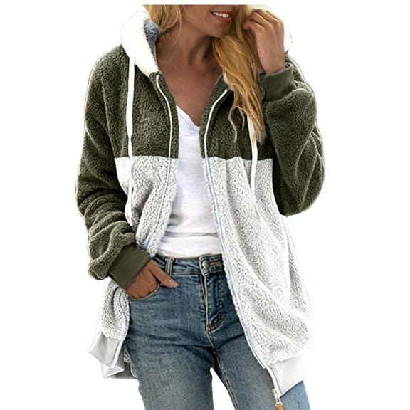 Tiqkatyck Winter Jackets for Women, Women's Fashion Casual Patchwork Hooded Zipper Plush Jacket with Pocket Fleece Jacket Women, Winter Coats for Women Army Green L