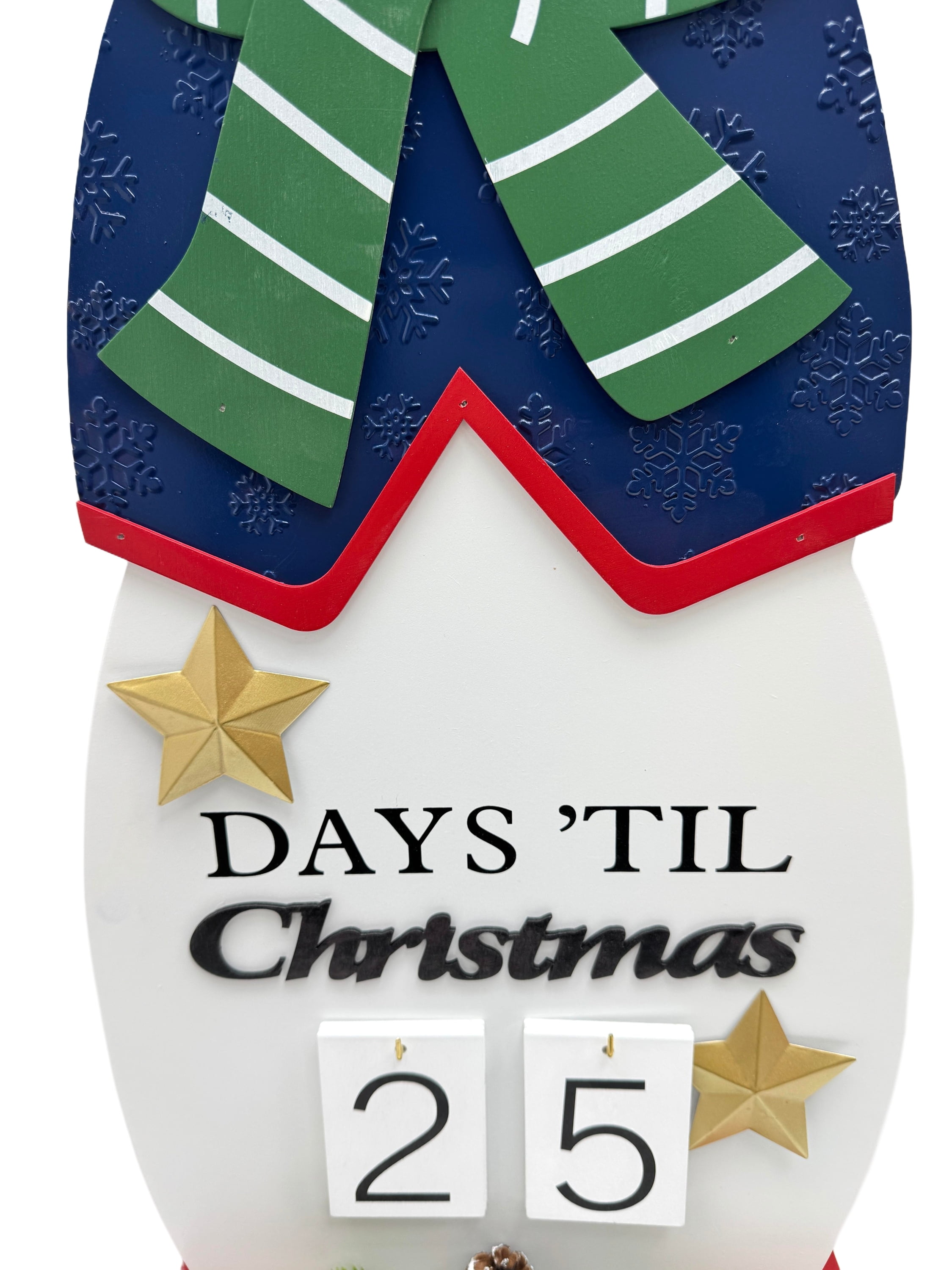 Calendrier de l'Avent en bois Bonhomme de neige 33 avec des numéros amovibles pour ajuster la date de compte à rebours.