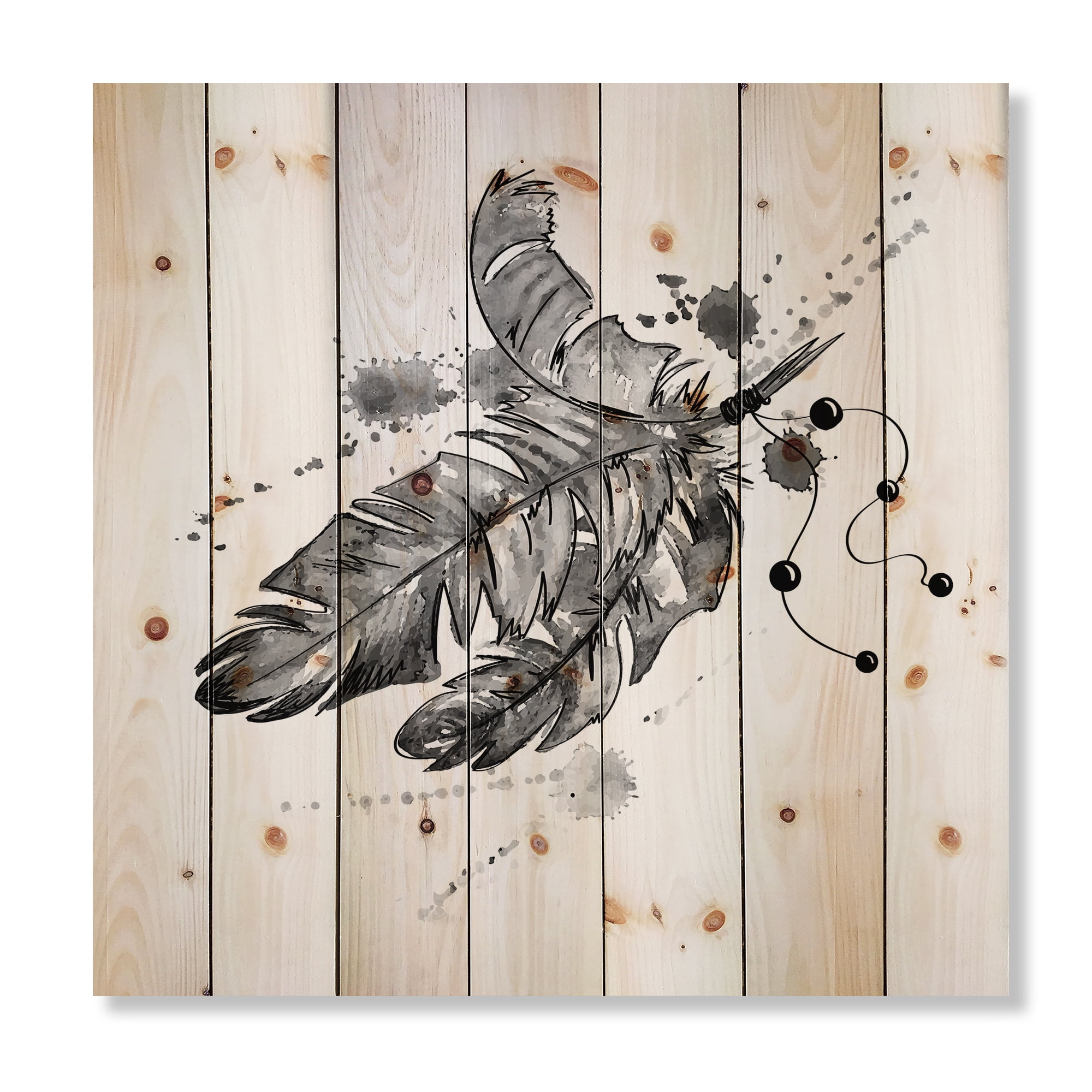 Designart 'Black and White Feathers Impression' Traditional Print on Natural Pine Wood