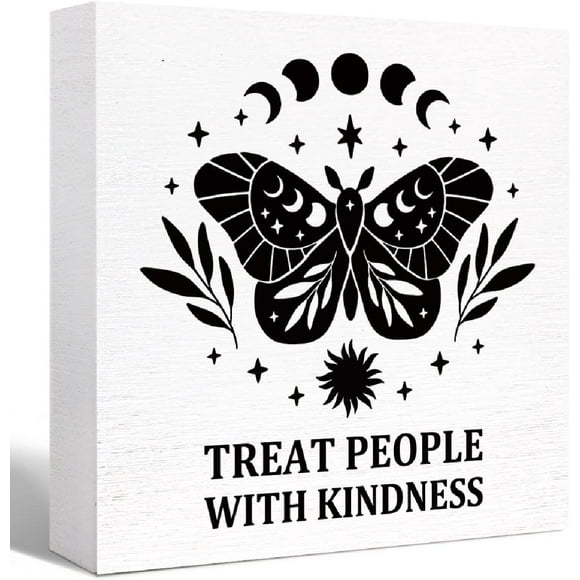 Inspirational Wood Box Sign Treat People with Kindness Butterfly Wooden Block Signs Motivational Desk Décor, Cheer Up Gifts for Women Girl Friend 5" x 5"