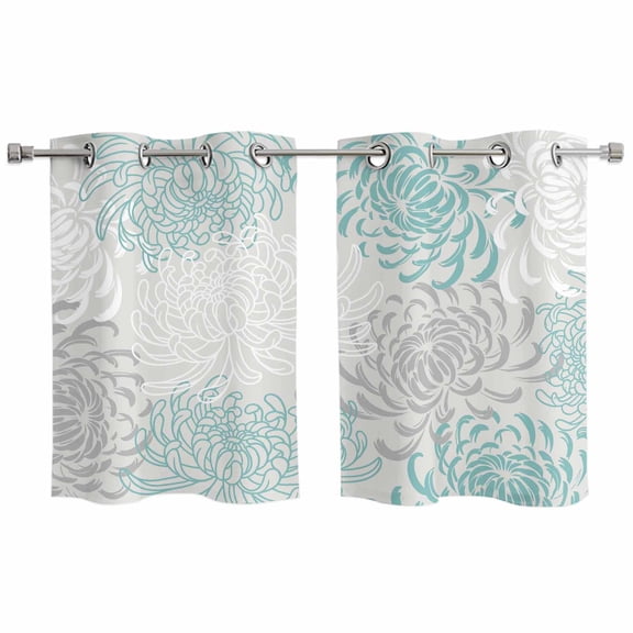 Aqua White Kitchen Curtains Small Short 39 Inch Length, Abstract Grey Chrysanthemum Flower Floral Grommet Top Bedroom Living Room Curtains, Light Filtering Cafe Curtain Drapes 2 Panels Set 55''x39''