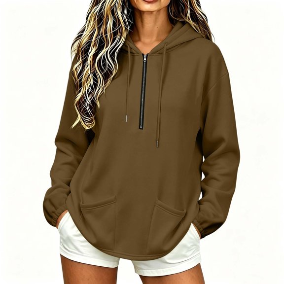 Horkkom Quarter Zip Pullover Women Casual Fall Winter Sweatshirts Loose Drawstring Hoodie with Pockets XXL