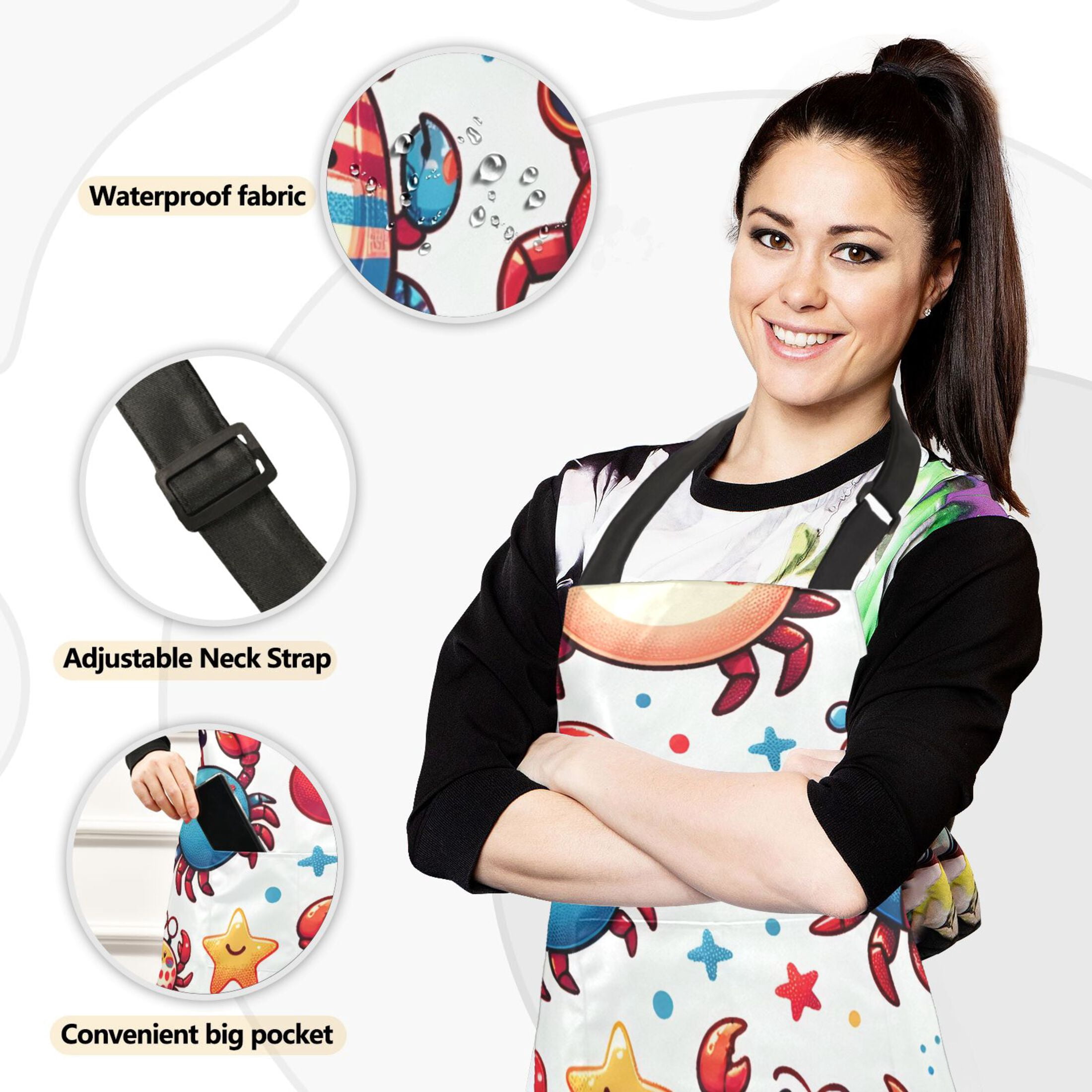 Cute Crabs with Starfish 5 Pcs Kitchen Set Heat Resistant Oven Mitts and Non-Slip Pot Holders with Adjustable Cooking Apron