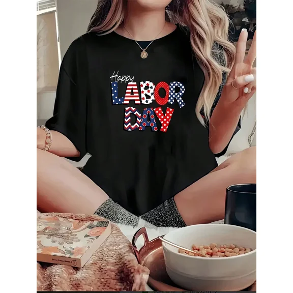 Women'S Patriotic Graphic T-Shirt - Happy Labor Day Design With American Flag Elements, Casual Crew Neck Short Sleeve Top, Perfect For Summer & Spring, Black With Colorful Print, C